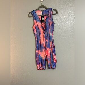Women’s Pink blue black thin tie-dye lace up stretch biker shorts romper small